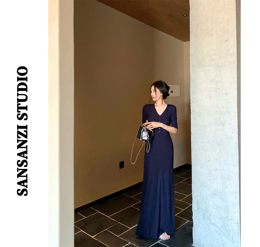 SANSANZI纯欲风修身显瘦V领半袖连衣裙女夏季纯色气质包臀裙长裙