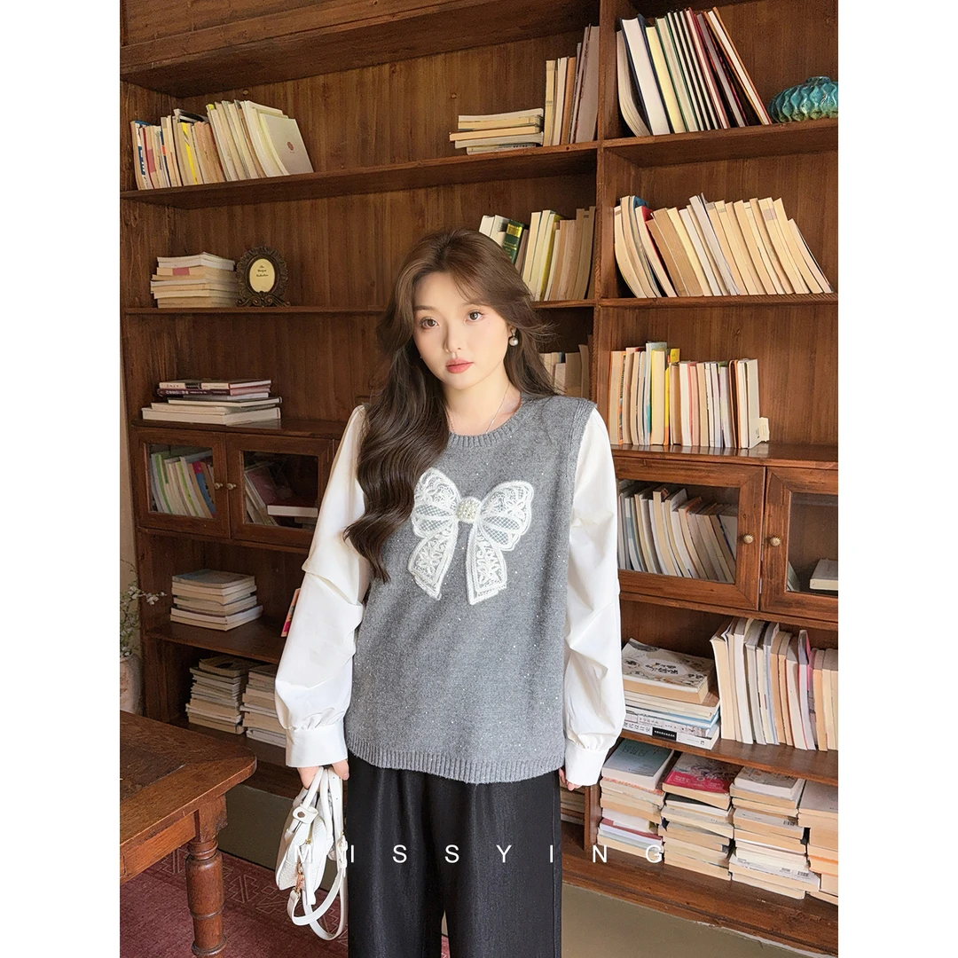 应小姐【贝蒂小姐】微胖大码秋款休闲风显瘦时尚长袖假两件毛针织衫