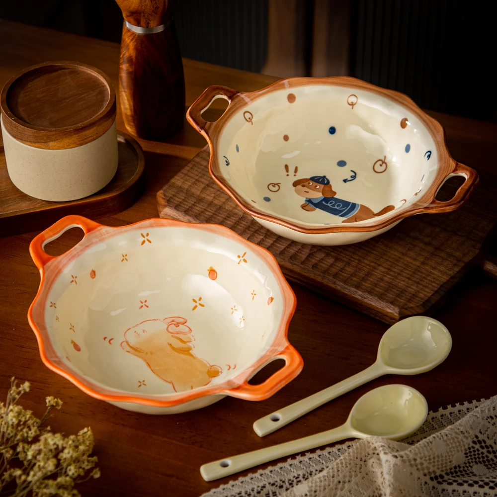 美二烧釉下彩动物王国可爱萌宠组合9英寸石纹双耳碗面碗带长柄勺