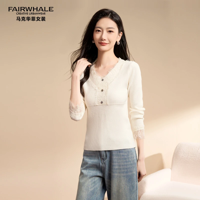 【清仓特卖】马克华菲蕾丝镂空针织衫春季气质长袖毛衫休闲内搭毛衣