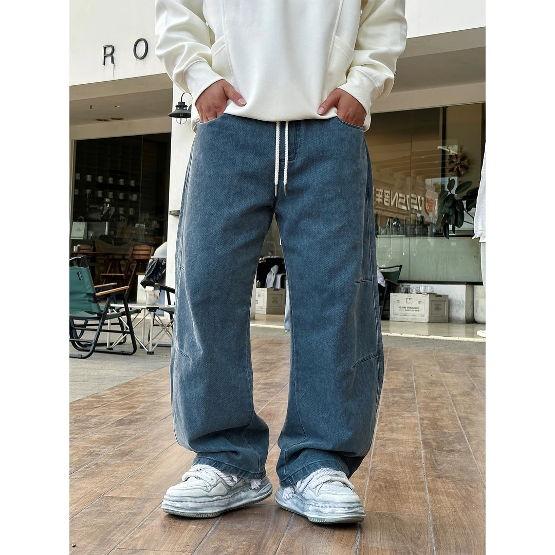秋季新款棉质美式复古水洗牛仔裤高街直筒长裤百搭宽松休闲阔腿裤