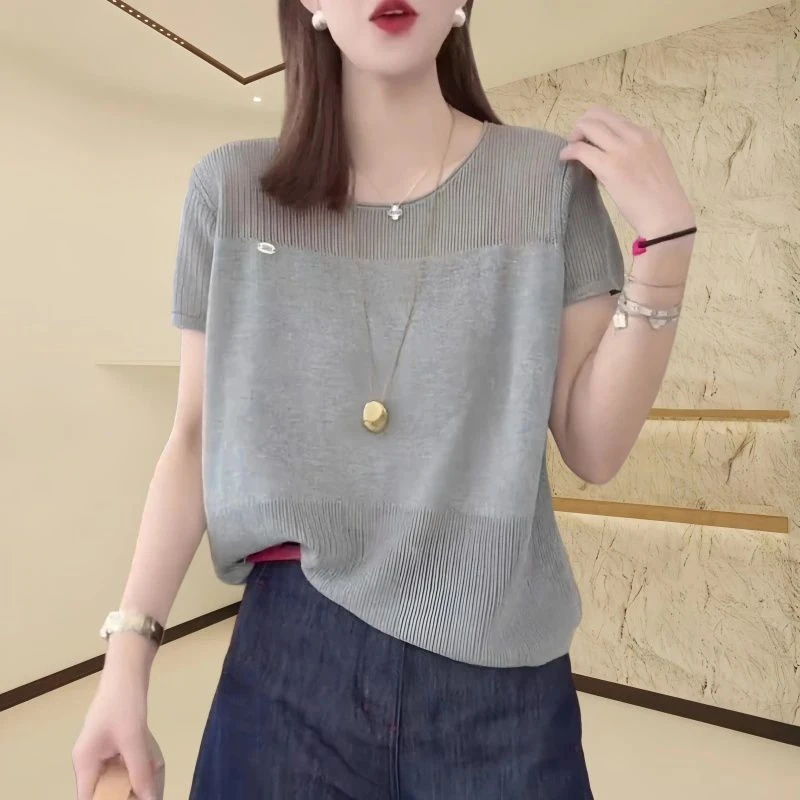 2025新款文青风格衣服针织短袖女款爆款洋气款百搭遮肚子藏肉上衣