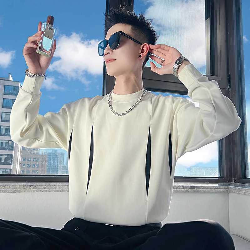 圆领卫衣男生春秋季新款痞帅街头风长袖开口裂缝设计感纯色打底衫