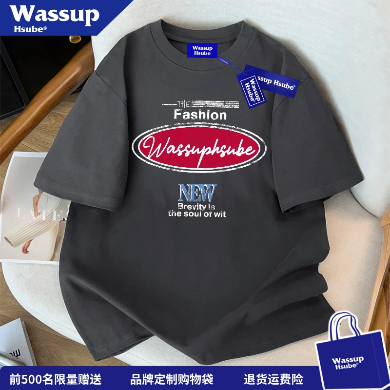 WASSUP HSUBE欧美原创字母印花百搭t恤男夏季高街纯棉小领口上衣