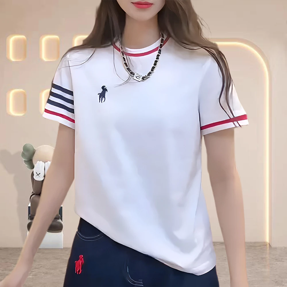 纯棉2025夏季纯欲慵懒风女装女生短袖t恤圆领小马刺绣女款圆领t恤