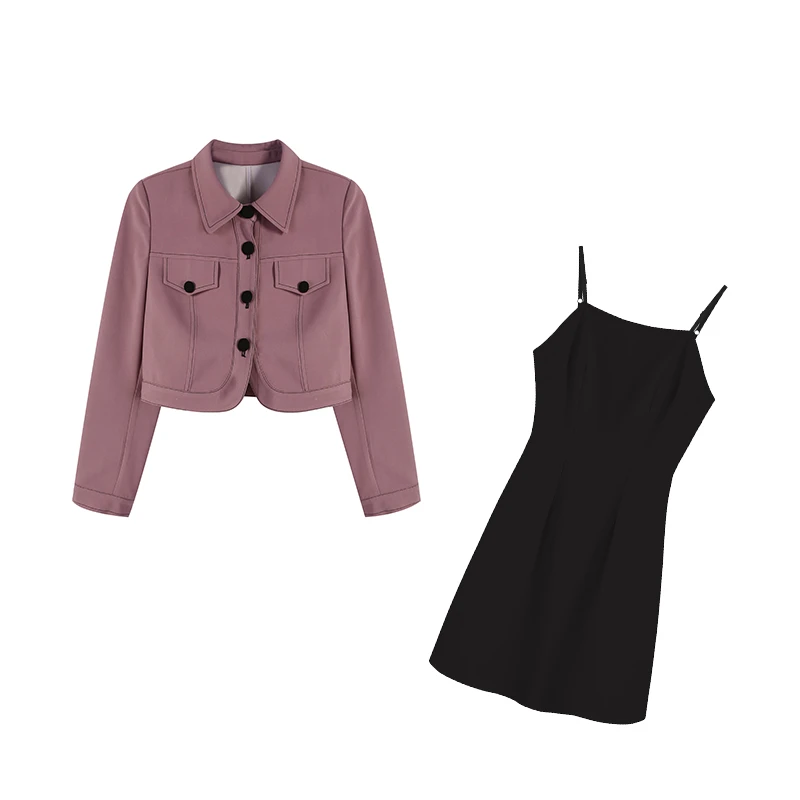 麦麦一眼心动遮肉气质紫色上衣连衣裙+黑色吊带裙套装ZL103064