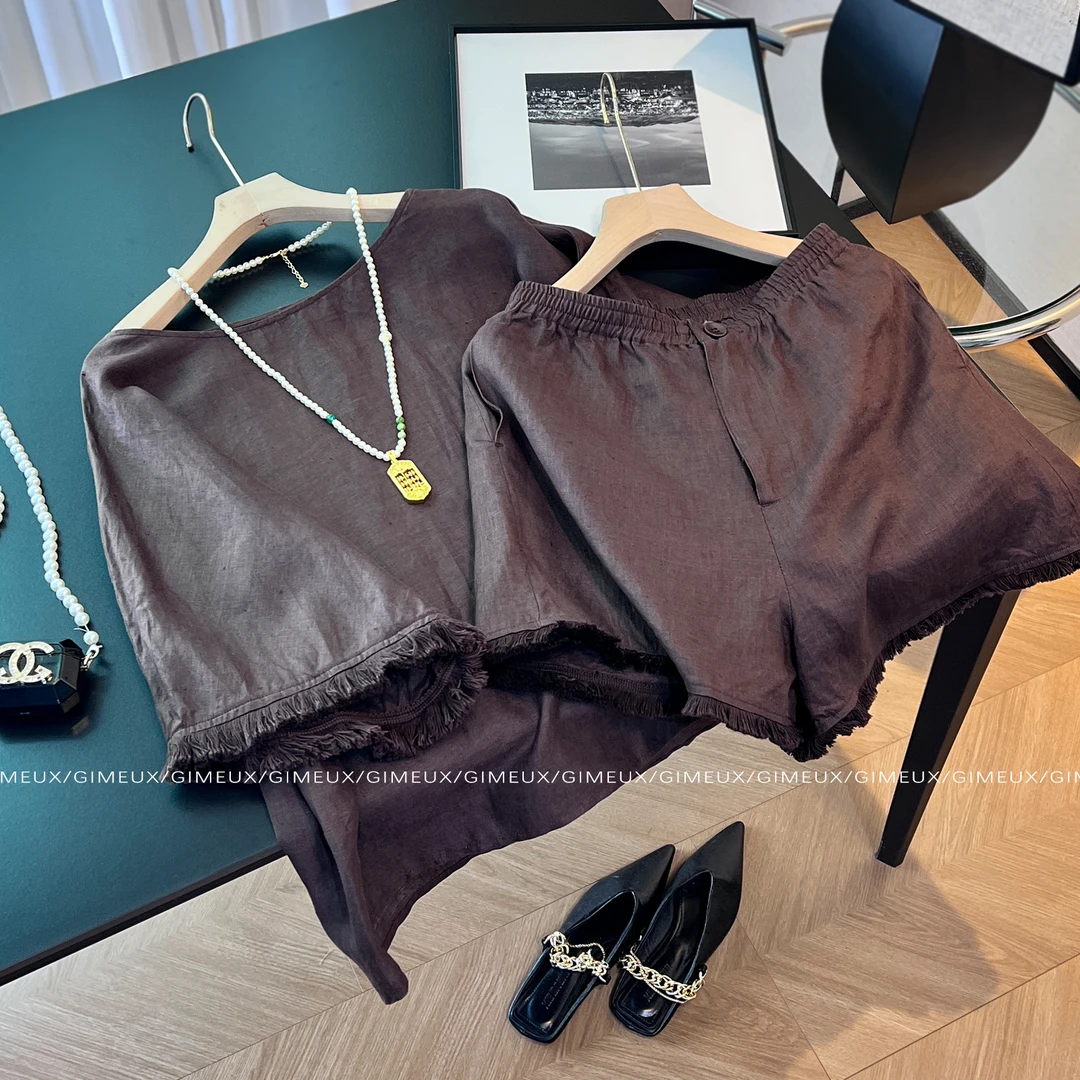 度假风亚麻休闲一整套女装2025新款夏季大码宽松上衣高腰阔腿短裤