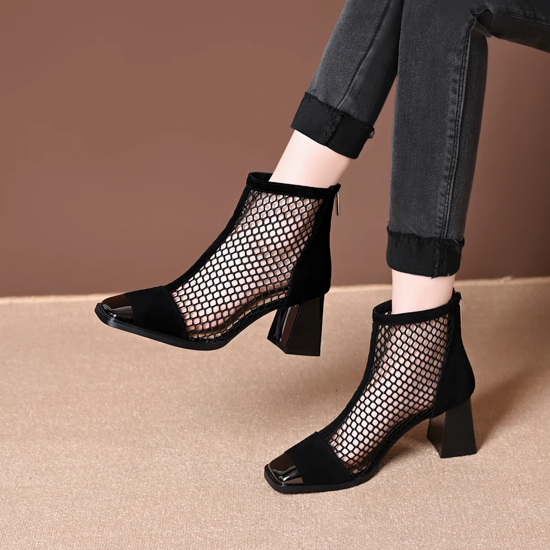 春季透气网红瘦瘦靴踝靴网面镂空靴女2025年新款黑色粗跟短靴凉靴