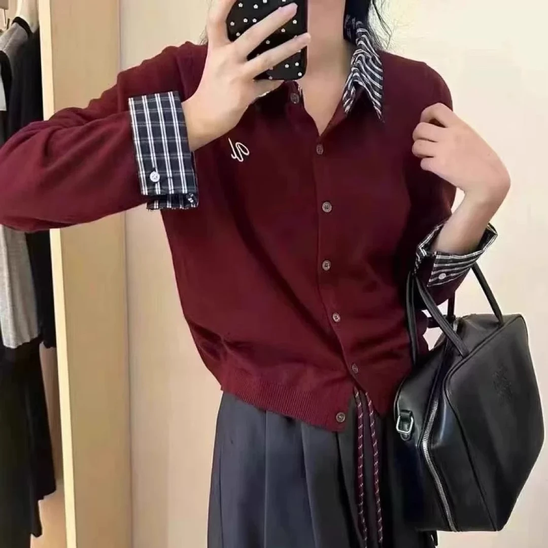 假两件拼接格子POLO领开衫薄外套早秋女大码长袖上衣减龄显瘦
