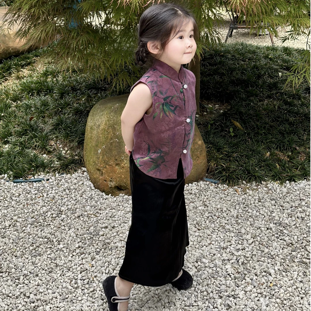 壹妈新中式儿童国风马甲中国风夏季新款紫色马甲女童半身裙套装