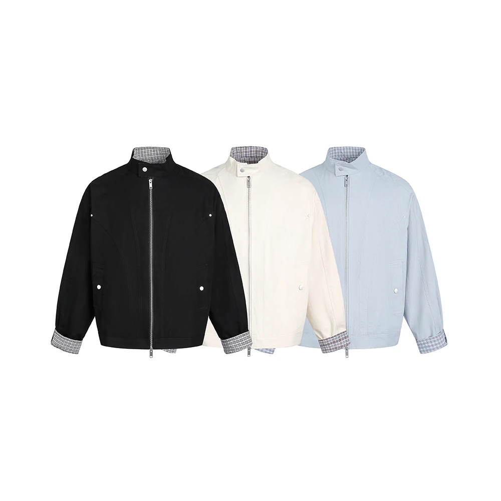 美式复古潮牌格子拼接短款夹克女男秋冬百搭cleanfit立领外套