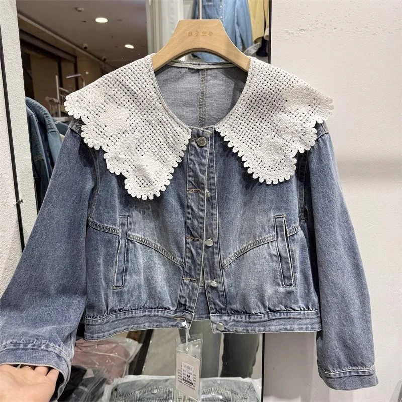 2025春季新款韩版蕾丝娃娃领拼接短款牛仔外套女减龄洋气夹克上衣
