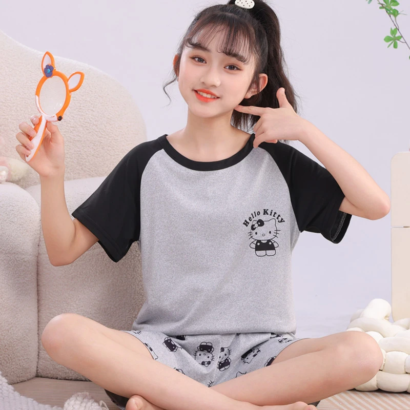 女童睡衣夏季短袖薄款俩件套简约大码空调家居服中大童可外穿套装