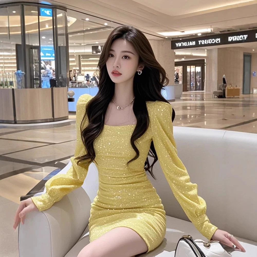 TZ6249法式重工细闪方领长袖连衣裙女富家千金感收腰显瘦包臀裙子