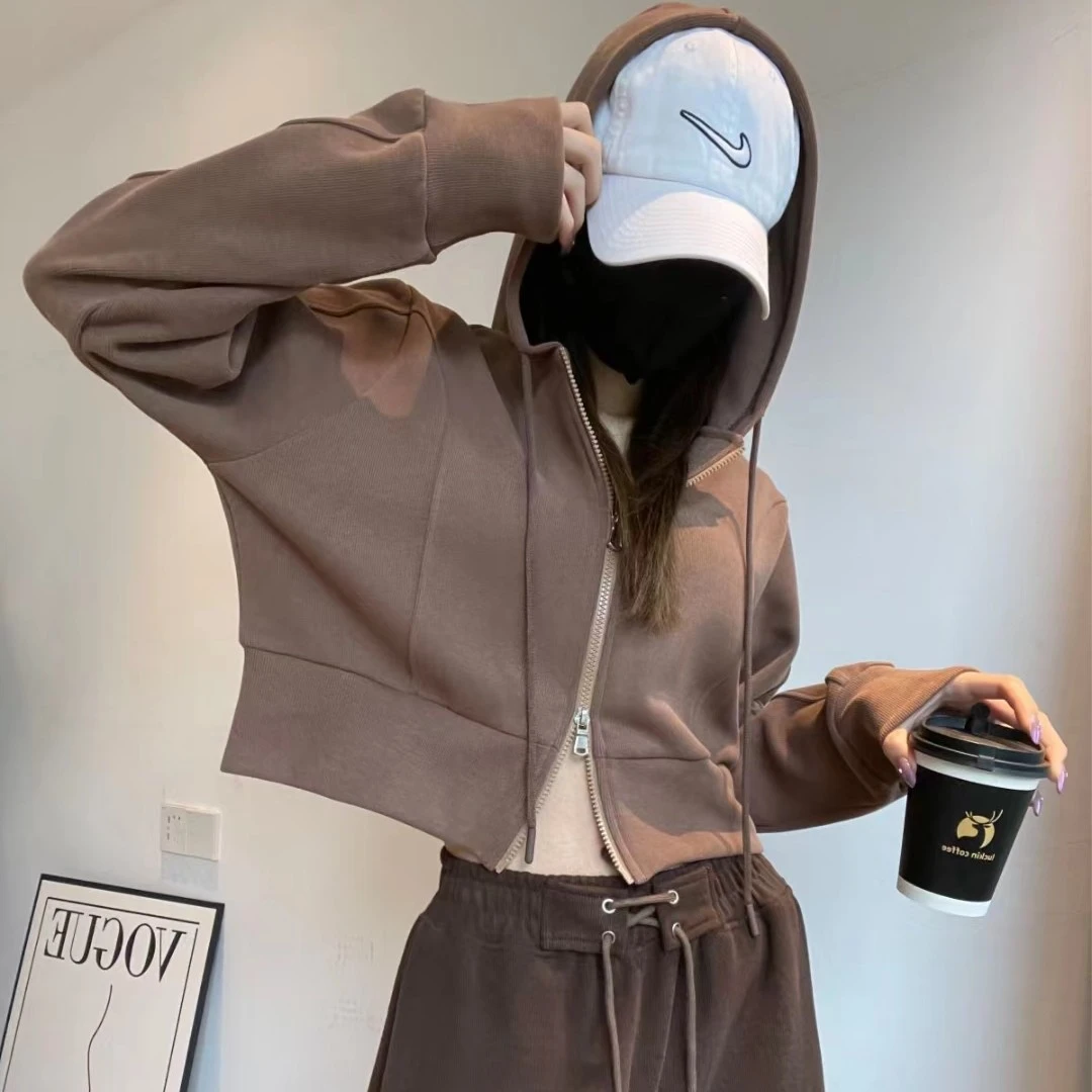 连帽运动上衣女秋季拉链白色休闲上衣女2024新款短款卫衣