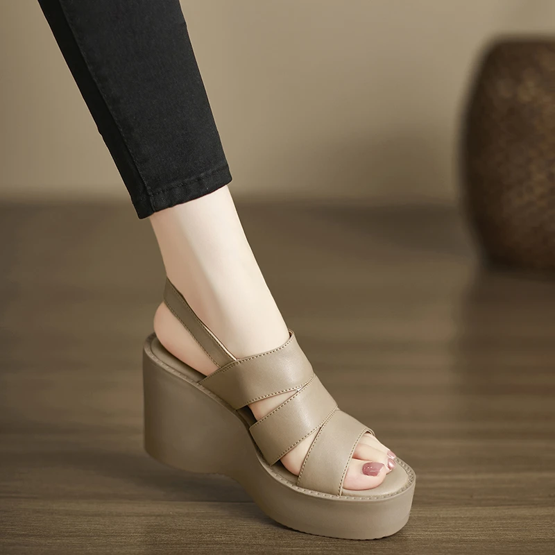 小个子手工女鞋9.5cm~坡跟厚底罗马凉鞋女防水台高跟露趾松糕鞋