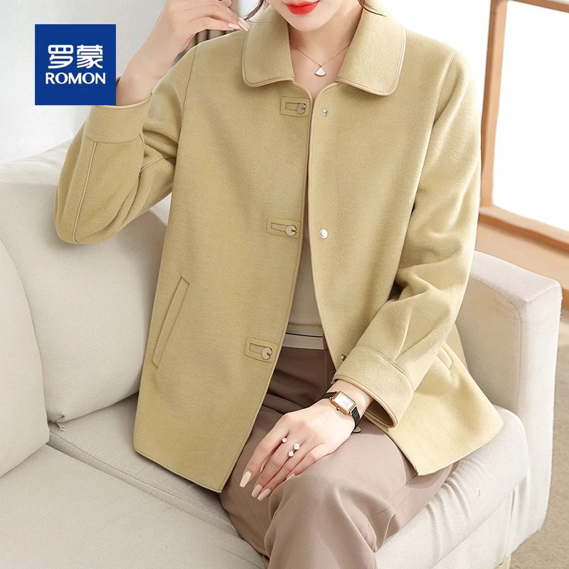 罗蒙妈妈春装毛呢外套短款上衣中老年女装春秋双面呢小个子大衣