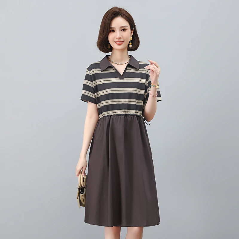文艺条纹短袖针织连衣裙女夏季2025年新款拼接裙子宽松休闲A字裙