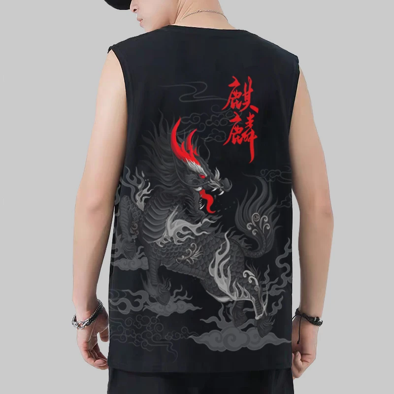 ins国潮麒麟印花无袖T恤男夏季薄款大码加肥背心休闲圆领坎袖坎肩