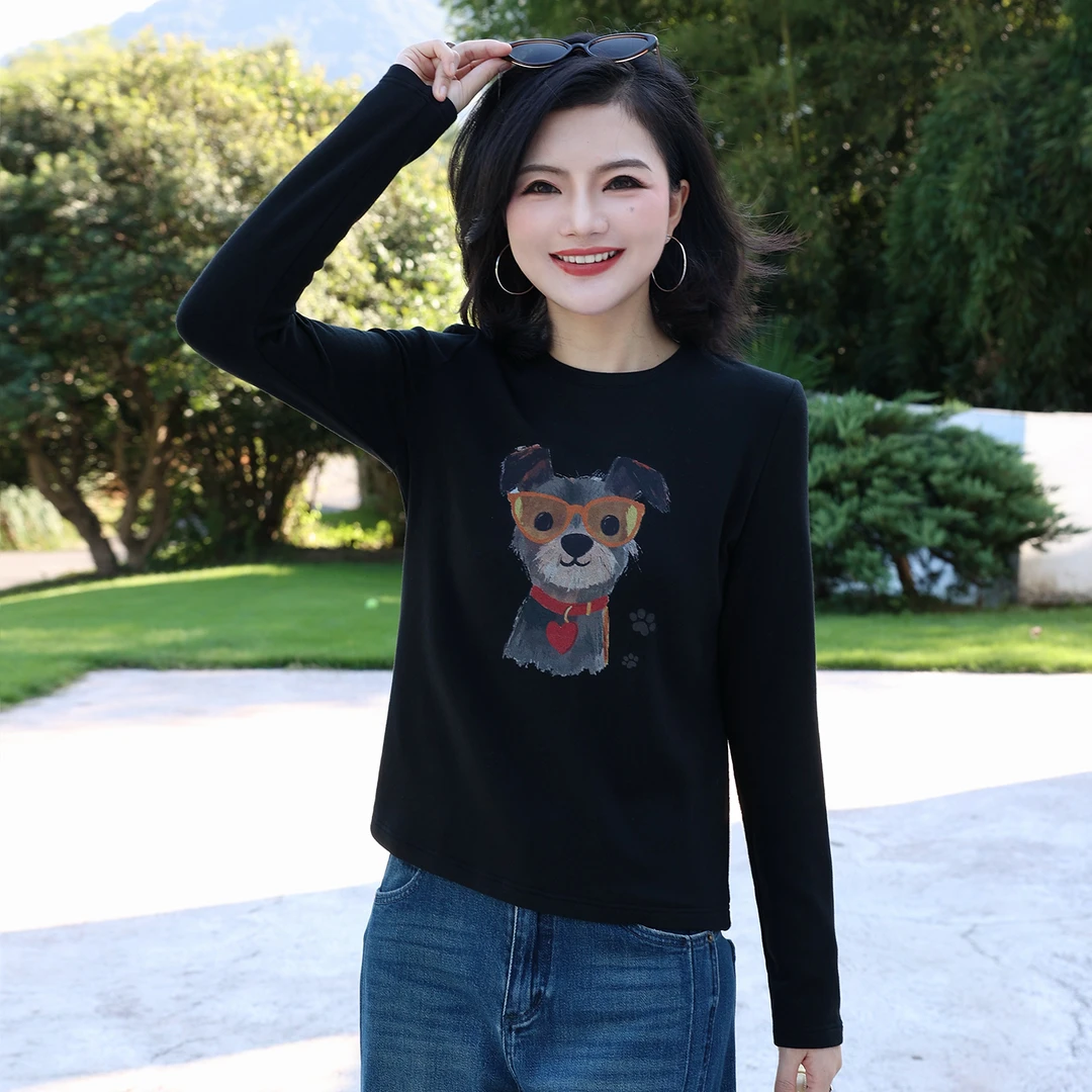 枫竺阿楠anan圆领长袖小狗印花弹力磨毛绒T恤打底衫女秋冬季上衣