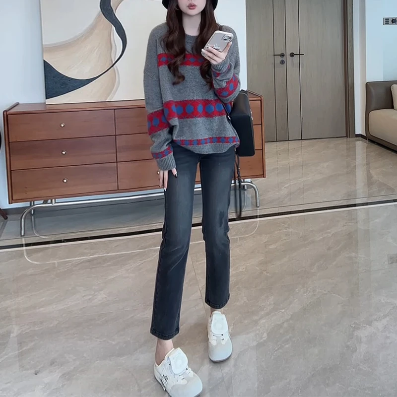 2025秋季新款女韩系穿搭拼色圆领长袖上衣+百搭高腰显瘦阔腿长裤