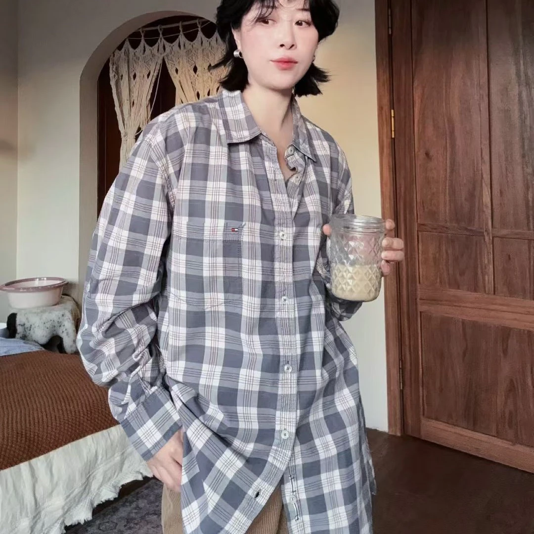 拼色灰格纹衬衫长袖