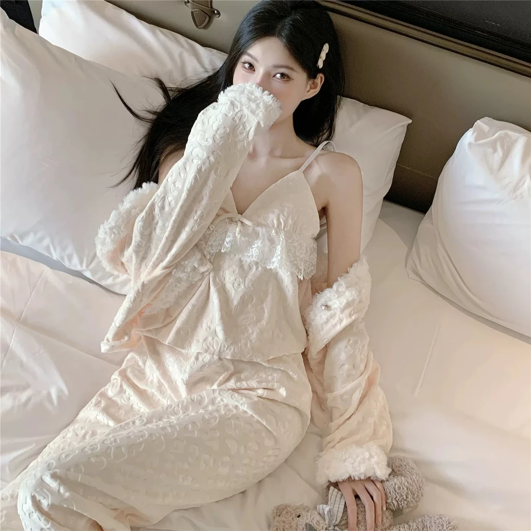 【乔娜家福利】爆款宫廷风豹纹海岛绒带胸垫冬季加绒保暖睡衣套装女