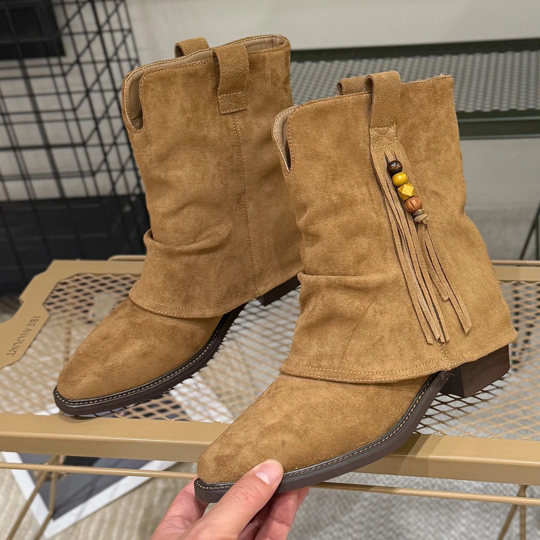 秋冬新款西部牛仔靴女2025爆款流苏尖头套筒靴子女中筒靴复古单靴