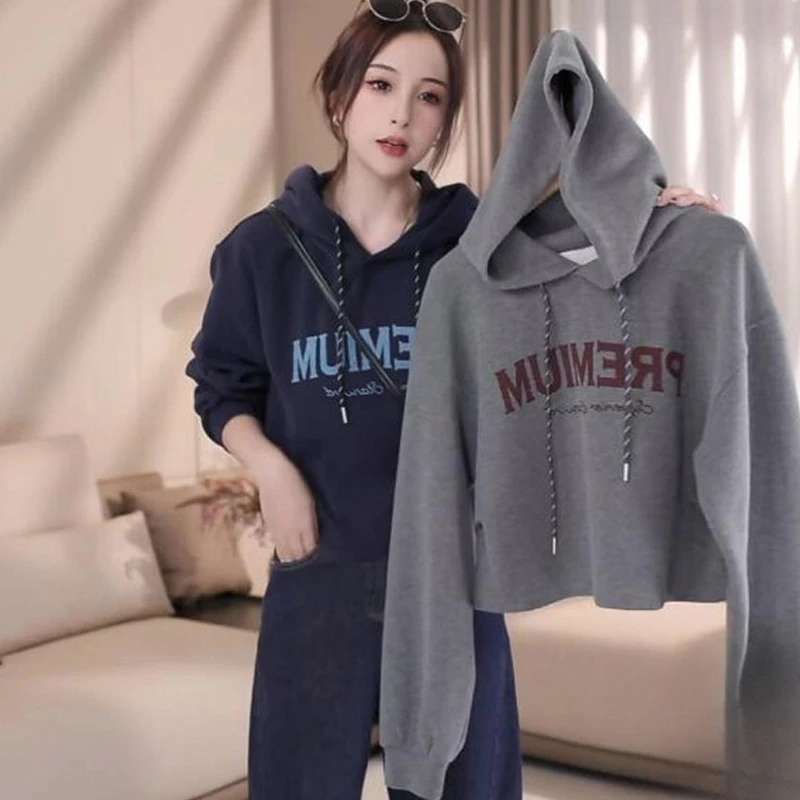 高含棉时尚设计感字母印花连帽卫衣女2025年秋季新款宽松显瘦上衣