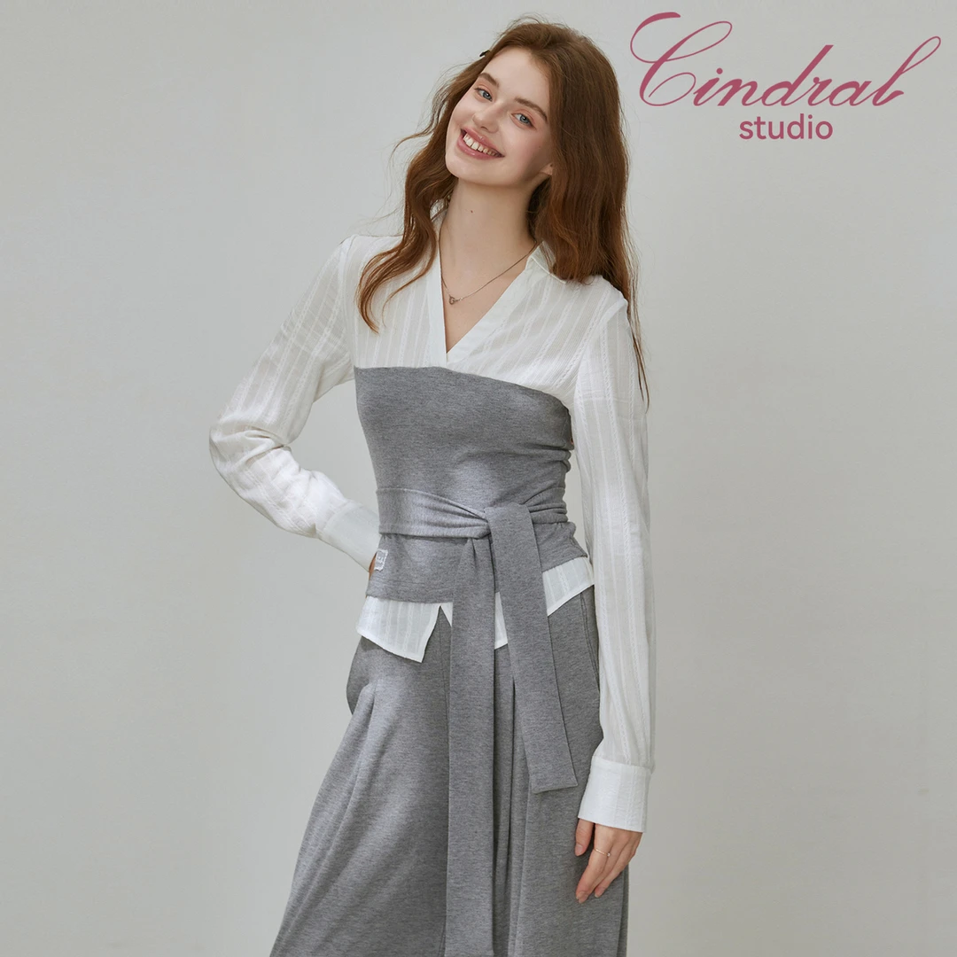 【熙地】2025早春纯欲设计感拼接假两件V领长袖绑带套装 C85QB0507H