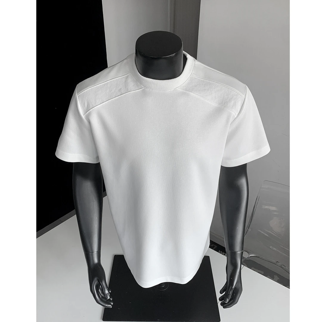白色重磅拼接正肩t恤男夏季美式boxy版型短袖小领口螺纹设计半袖