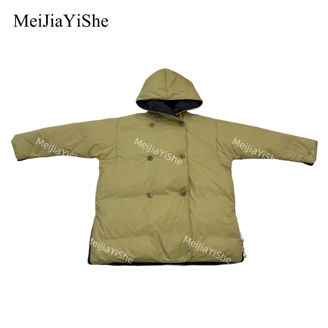 梅家2025冬季新款松弛慵懒连帽撞色两面穿鹅绒服