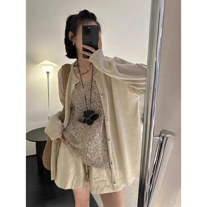 韩系夏季新款慵懒风气质防晒开衫女宽松冰丝针织披肩罩衫外套上衣