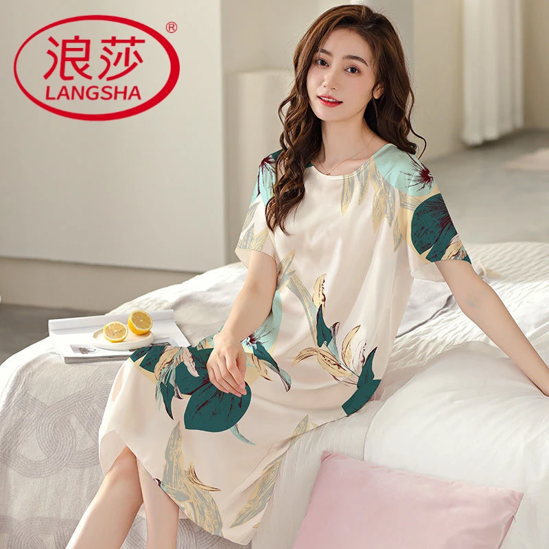 浪莎睡裙女士夏季冰丝丝滑短袖薄款冰丝大码宽松中年妈妈款可外穿