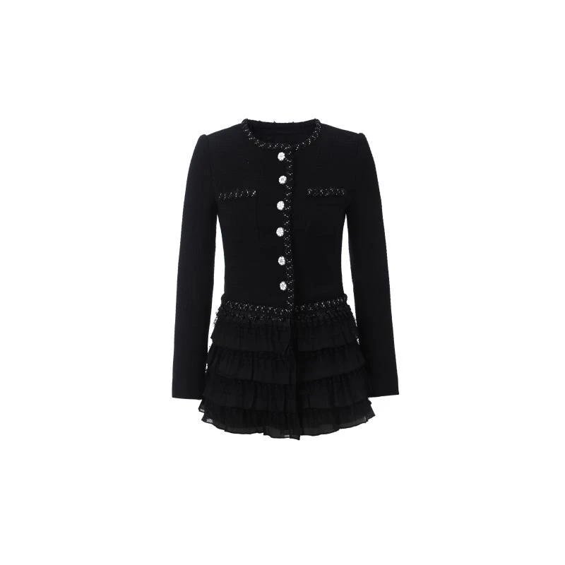 绝美黑色气质短款毛呢外套粗花圆领带蓬蓬连衣裙设计感0040