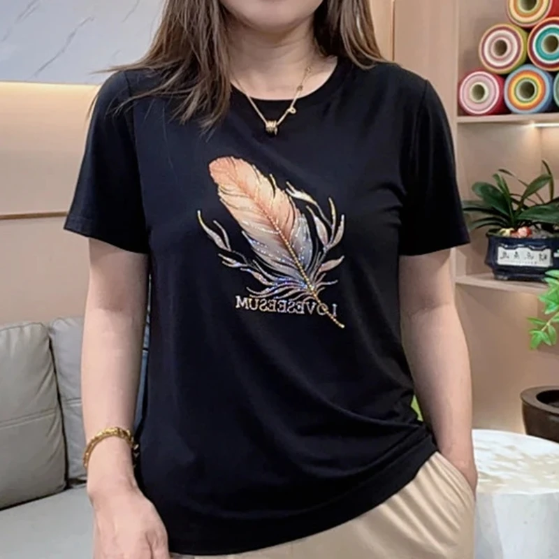 洋气减龄纯色印花短袖T恤女2025夏季新款设计感镶钻重工休闲上衣