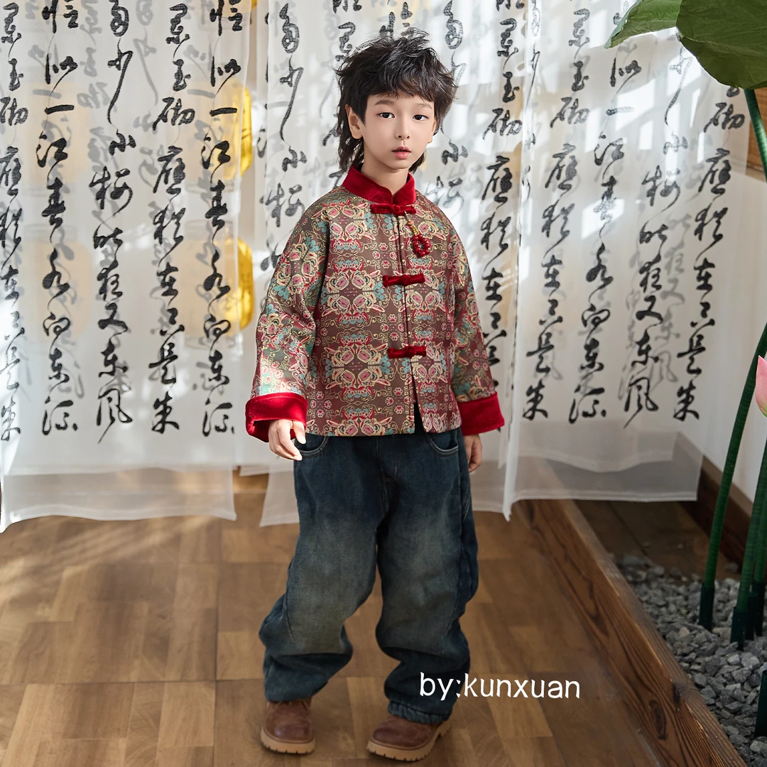 【现货】【琨萱】“瑞狮呈祥”男童冬款新中式织锦缎夹棉外套 AU67S058