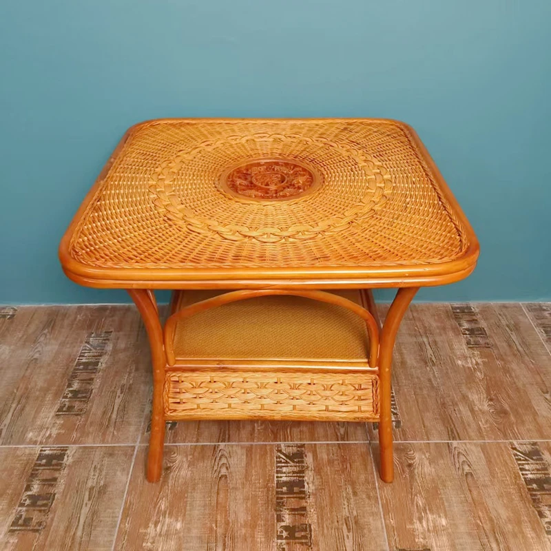 80公分印尼真藤编织方形家用阳台休闲圆桌茶桌公寓会客喝茶方桌