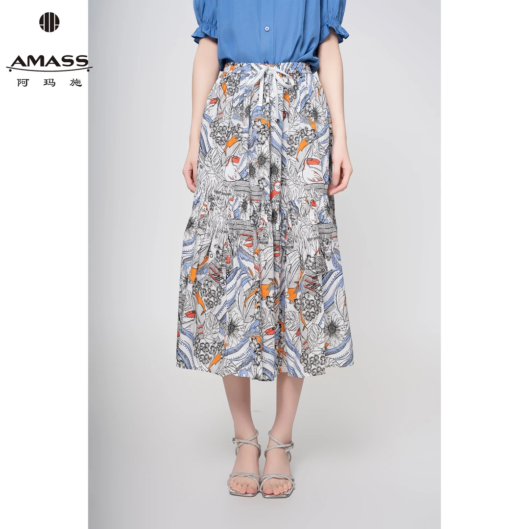 AMASS/阿玛施春夏新款时尚复古高腰印花绑带松紧腰半身裙 5200408