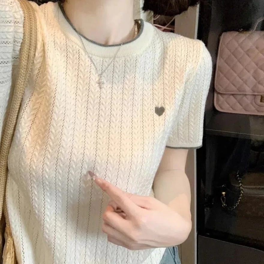 爱心刺绣针织短袖女2025夏季chic撞色圆领T恤学院风打底内搭上衣