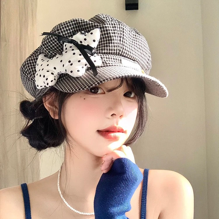 可爱波点小狗格纹贝雷帽女春夏季薄款显脸小八角帽大头围画家帽子