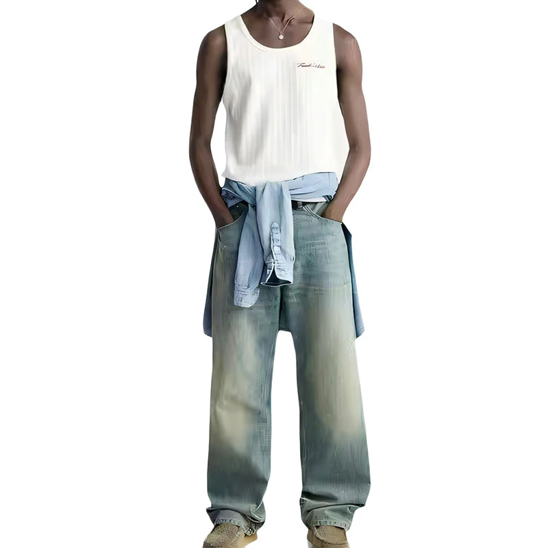 快时尚潮牌2025夏季新品男装修身棉质亲肤打底背心提花刺绣汗背心