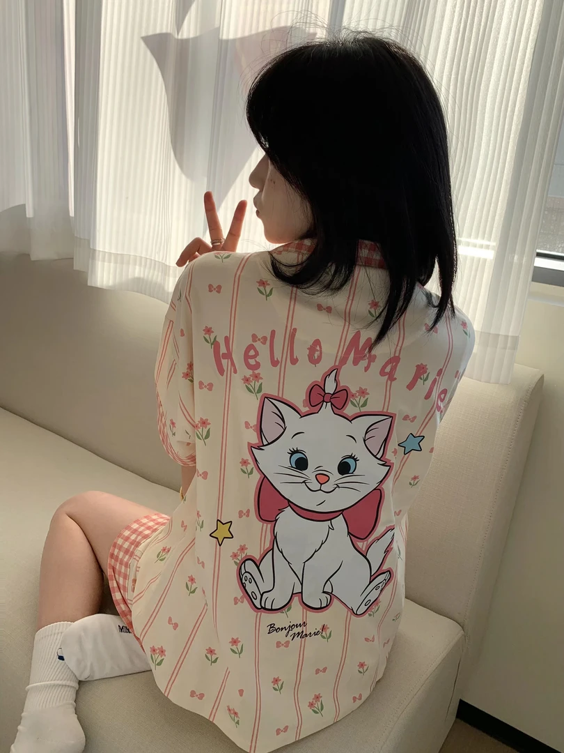 韩版ins睡衣女夏季新款网红风短袖短裤可爱卡通玛丽猫家居服套装