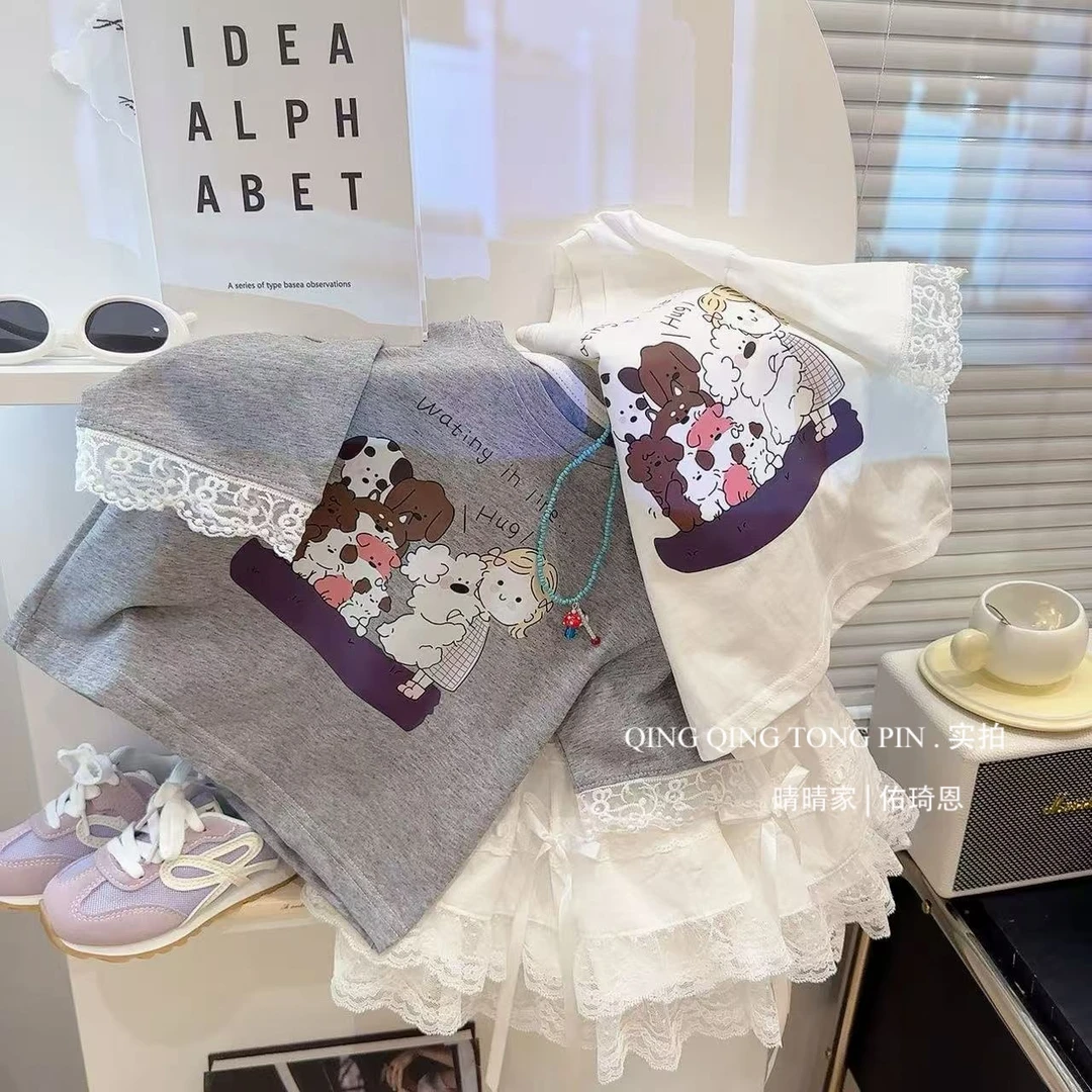 2025卡通韩版印花夏季女童圆领纯棉蕾丝边时尚百搭短袖T恤