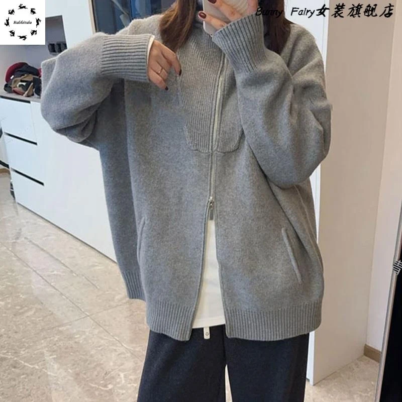 灰色加厚翻领毛衣开衫女秋冬2025新款慵懒风长款双拉链针织衫外套