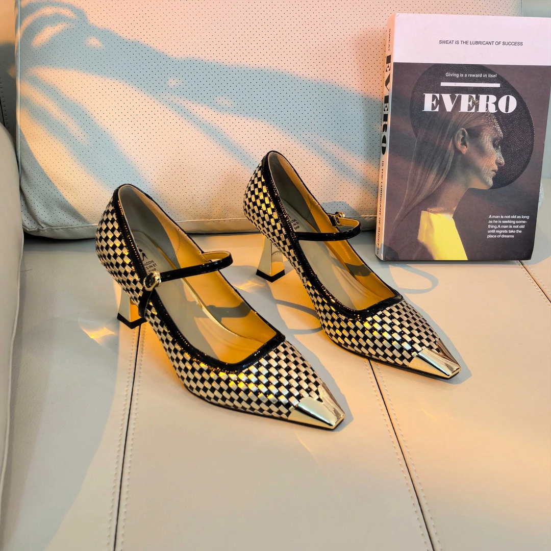 Van Gerch牛皮跟高7CM方头单鞋法式编织百搭高跟尖头ol跟鞋买1赠3