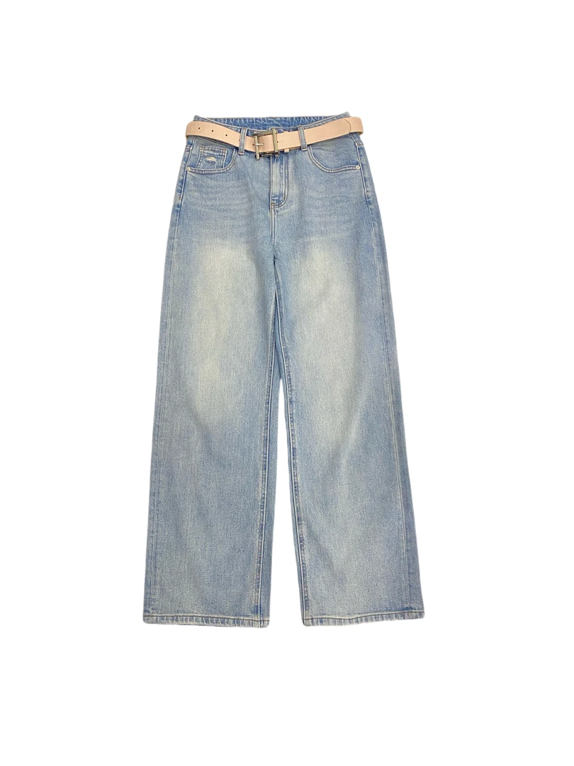 【臻雅】粉色皮带复古洗水直筒牛仔裤