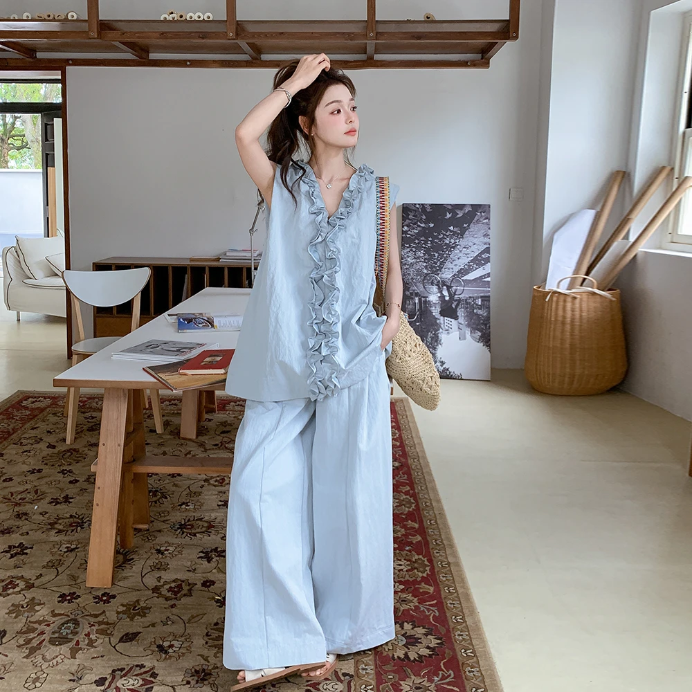 小香风前后两穿木耳边夏季阔腿裤套装女夏甜美独特漂亮两件套流行