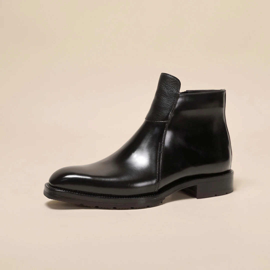 男爵世家马臀皮全手工鞋方头时尚英伦风防滑保暖潮流切尔西靴中筒