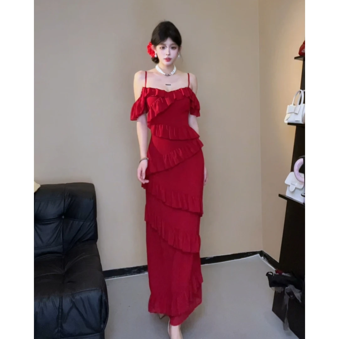 小莹日记【绯红特调】夏季红色显白气质法式吊带连衣裙LXQJL50526